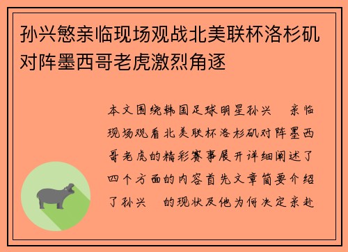 孙兴慜亲临现场观战北美联杯洛杉矶对阵墨西哥老虎激烈角逐